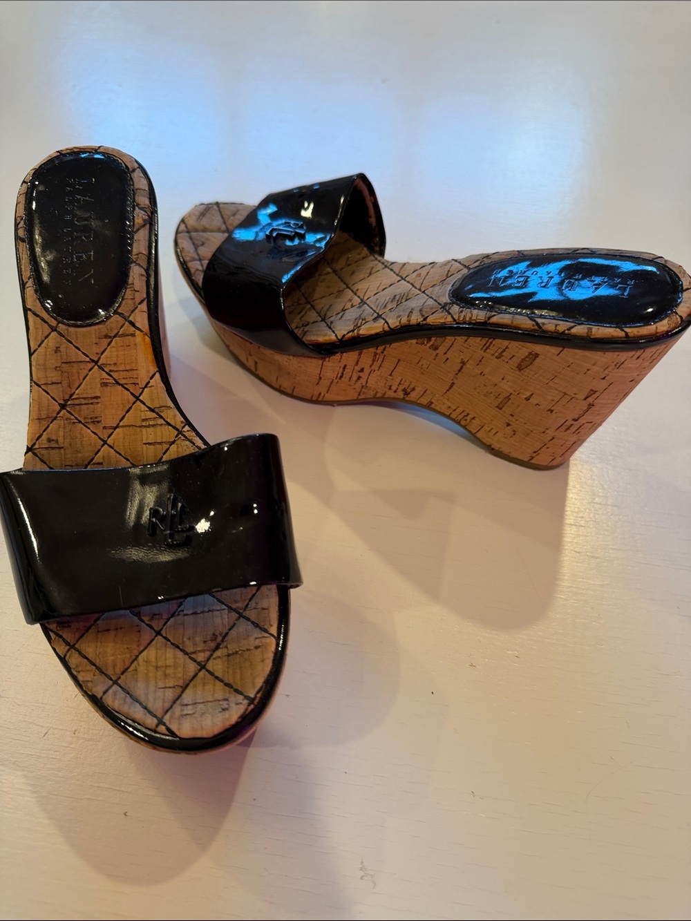 Ralph Lauren Black Patent Cork Wedge Slides